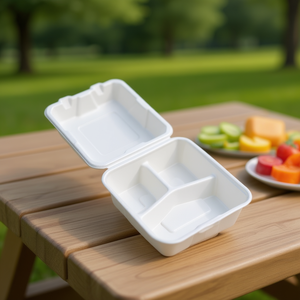 Caja de Papel Blanca con 3 Compartimentos, 8x8, Apta para Microondas, de Bagazo Natural, Desechable, para Almuerzo - Product Image 3