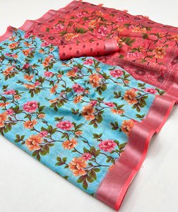 South Indian Style Beautiful Design All Over Digital Printed Pure Linen Fabric Silver <b>Belt</b> Work Long Length Fashionable Saree - Product Image 5