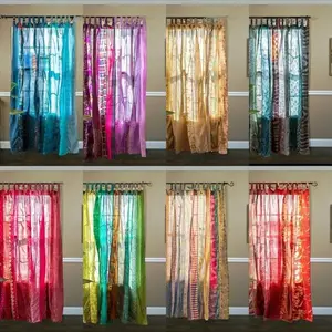 Cortinas de tela Sari de seda Vintage indio hechas a mano decorativas Boho Hippie cortina habitación Patchwork cortina decoración de ventana