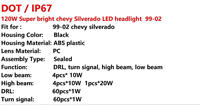 Nouvel ensemble de phares LED Chevrolet Silverado 6000K, feux de croisement/feux de route/DRL/clignotants, 32V 120W 12000LM 99-02