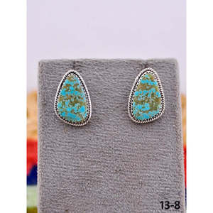 Southwest Handmade #8 Turquoise & Sterling Silver <b>Post</b> Stud <b>Earrings</b> Water Drop Shape with Bezel Setting for Gift - Product Image 1