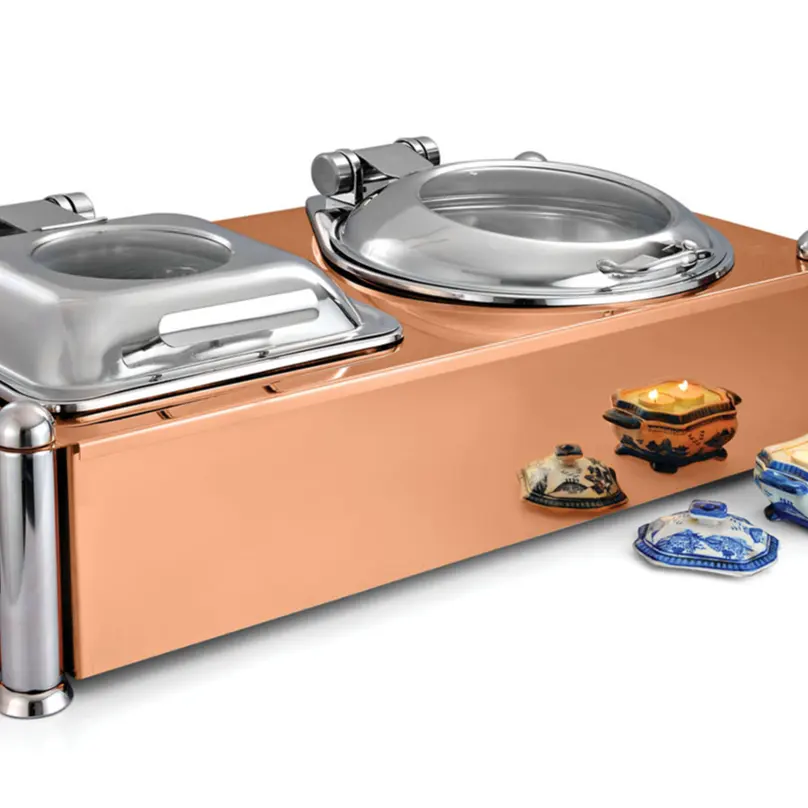 Zuppa Chafer di alta qualità in acciaio inox coperchio di vetro specchio finitura oro cibo più caldo Roll Top Buffet stufa scaldabagno piatto chaf