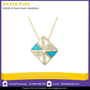 Acheter Triangle Diamant et Turquoise Agate Blanche Pendentif Collier Bijoux pour Femmes Or Massif 14K Productible En 10K/18K - Product Image 2