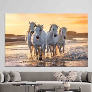 Arte Pop del Atardecer - Caballos Blancos en la Playa, Impresión en Lienzo, Lienzo Enrollado - Product Image 1