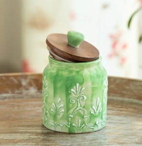 โถเก็บของอเนกประสงค์พร้อมฝาไม้เซรามิกลายนูนด้วยมือสำหรับตกแต่งห้องครัว - Product Image 2