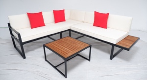 Hot Style Premium Muebles de jardín Mesa de madera de acacia de 5 plazas con cojín de tela de poliéster 100% Pe Rattan Lounge para villas - Product Image 2