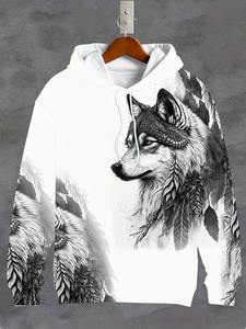 Sudadera con capucha con patrón de Lobo y pluma de estilo retro para hombre con cordón y bolsillo de canguro Sudadera con capucha deportiva para otoño - Product Image 6