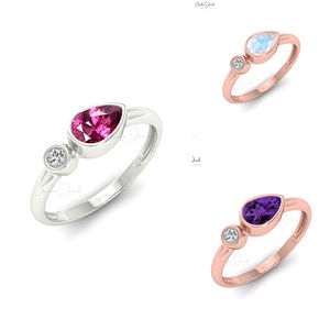 Nouveaux bijoux fins 6x4mm poire taille rhodolite grenat bague empilable 14k or massif diamant accentué bague de mariage Logo personnalisé bijoux - Product Image 1