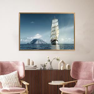 Obra de arte impresa en lienzo: decoración de pared con diseño de velero costero, lienzo con marco dorado - Product Image 1
