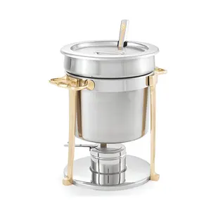金色のハンドルが付いている光沢のあるステンレス鋼の鍋結婚式の食器のためのスタンドが付いているノブ摩擦皿フードウォーマーキャセロール鍋