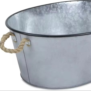 Large Oval Metal Bucket with <b>Rope</b> Handle Rim Galvanized Gray Brown <b>Black</b>-for Party Decorations - Product Image 1
