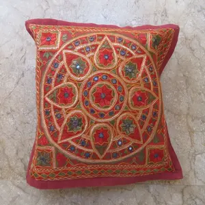 Indian Hand Embroidered Pillow Cover Mirror Work Sofa Cushion Cover