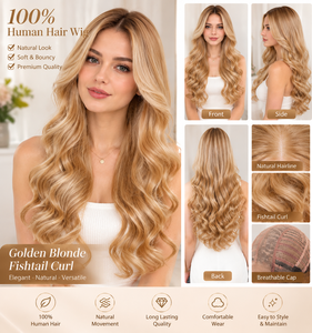 Perruque 100% cheveux humains, longue, blonde dorée, bouclée en queue de poisson, pour femmes, aspect naturel - Product Image 6