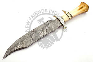 Couteau Bowie artisanal en acier Damas avec manche en os de chameau exotique, lame fixe affûtée, avec étui, pour la chasse, le camping, la survie, idéal comme cadeau - Product Image 6