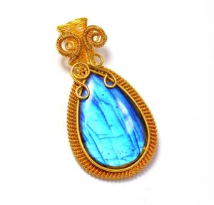 Pendentif lisse en labradorite de feu bleu pendentif à breloque en platine avec fil de cuivre enveloppé pour cadeau - Product Image 6