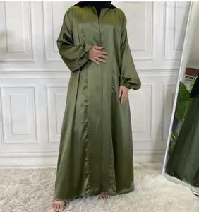 أفضل جودة مادة جديد ندا لون واحد فستان بأكمام طويلة مع حزام بطانة جيب كاجوال عباية إسلامية فستان