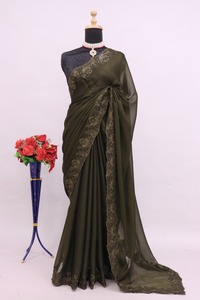 Saree voan đẹp với chuỗi thêu làm việc với đường viền công việc cắt, Saree mặc đám cưới, Saree mặc bên nhà thiết kế. - Product Image 4