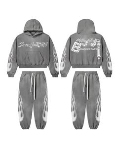 Custom Logo High Quality French Terry <b>Embroidery</b> Sweatpants & Hoodie Jogger <b>Set</b> Zip up Acid Wash Sun Faded Tracksuit for Men - Product Image 3