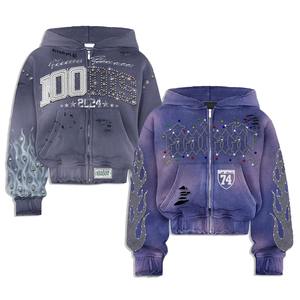 Heavyweight Custom Logo Oversized Hoodies for <b>Men's</b> Acid Wash Sun Fed <b>Zipper</b> Hoodies Screen Printed Rhinestone <b>Hoodie</b> - Product Image 5