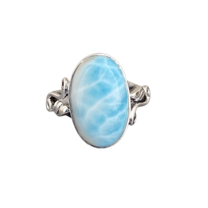 Bague de promesse en pierre précieuse Larimar taille ovale, style bohème, argent sterling 925 massif, fabrication artisanale, bijoux unisexe pour les fêtes - Product Image 1