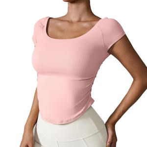 T-shirt de sport court et ajusté pour femme, écologique, col rond, manches courtes, en Spandex/Nylon, pour le yoga - Product Image 1