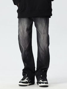 Salopette pour homme en denim noir délavé, coupe évasée, déchirée, écologique, lourde, à jambe large, avec fermeture éclair, ample et tendance - Product Image 6