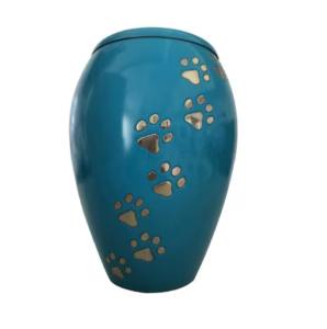 Urnas de cremación de latón con diseño de impresión de pata Acabado en azul y dorado Cenizas humanas de la más alta calidad Urnas para mascotas - Product Image 1