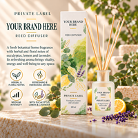 Diffuseur de parfum en bâtonnets à l'eucalyptus, citron et lavande, marque privée, 100 ml |   Parfum d'ambiance floral aux herbes |   Fabricant OEM Espagne