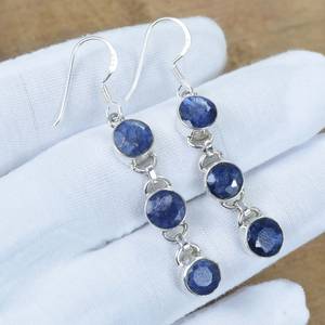 Blue <b>Sapphire</b> Gold Plated Sterling Silver <b>Drop</b> <b>Earrings</b> Faceted Three Stone Hook Design Gift for Wedding & Anniversary - Product Image 1