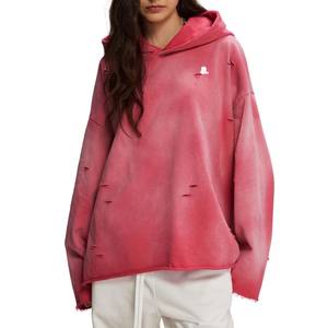 Lavage à l'acide nouveau Vintage délavé en détresse femmes sweat surdimensionné Polyester coton hiver décontracté motif solide - Product Image 3