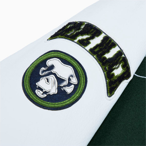 Veste universitaire pour homme, corps vert foncé, manches blanches, patch en chenille, veste de baseball brodée, tricot côtelé rayé - Product Image 5