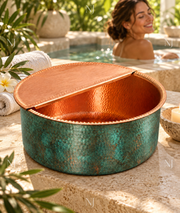 Bol à pédicure artisanal en cuivre martelé NJ avec couvercle, bassin rond pour spa des pieds, patine verte - Product Image 4