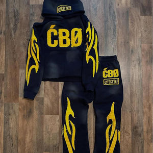 Hot selling Custom Vintage Zip Up Applique <b>Embroidery</b> Breathable Loose Fit Distressed Flare Pants & hoodie <b>sets</b> for men - Product Image 3