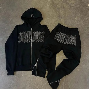 Conjunto de Ropa Urbana Estética para Hombre, Sudaderas con Capucha de Moda Clásica Y2K, Gráficos de Pedrería, Estilo Rock Vintage Hip Hop Sólido - Product Image 1