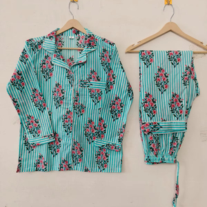 New Arrival Women Indian Elegant Woven Printed 100% Cotton <b>Pyjama</b> Night Set Full Length <b>Summer</b> Breathable Quick Dry Long Pj Set - Product Image 1