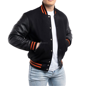 Chaqueta Universitaria Unisex Tipo Letterman, Cuerpo de Lana, Mangas de Cuero, Cierre de Cremallera, Chaqueta Bomber Ecológica con Parches, Estilo Pastel - Product Image 1