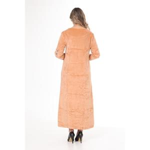 Abito lungo da donna in velluto con colletto e maniche color cachi ricamato - Product Image 2