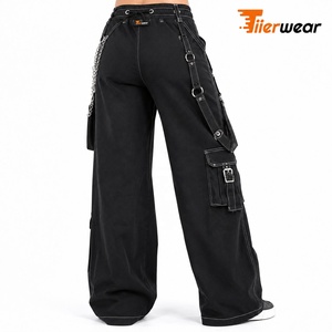 Jeans cargo en denim noir pour femmes, fabrication sur mesure, taille haute, coupe ample, pantalon cargo à jambes larges, streetwear, jeans utilitaires tendance - Product Image 4
