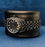 Montre analogique pour femme en verre sertie de diamants d'onyx de laboratoire taille brillant ronde, en acier inoxydable, clarté VVS