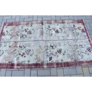 พรมขนสัตว์ลายดอกไม้วินเทจดอกไม้ทำด้วยมือสีชมพูเบจ3.2x5.8ฟุตงานปะติดพื้นยางลายนามธรรมสำหรับห้องโถงทางเข้าฤดูร้อน - Product Image 3