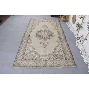 Alfombra clásica de lana turca Vintage Beige y marrón 4,9 'X 9,2 'tejido plano diseño de retazos bohemios para sala de estar o dormitorio - Product Image 1