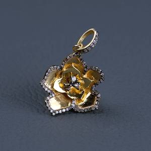 Designer Flower Shaped Handmade Pave Set Diamond 925 Sterling Silver Gold Plated Pendant Metarock Jewelry - Product Image 1