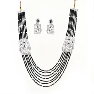 Rhodium Plated Black Beaded American Diamond Bandhai necklace set With Peacock Look at available reasonable rate