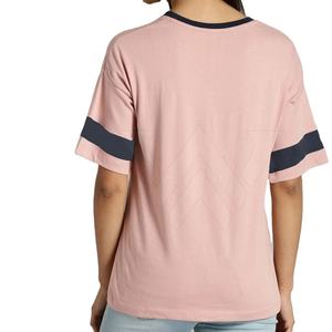 Camiseta de Verano para Mujer, Corte Holgado, 100% Algodón Jersey, Cuello en V, Manga Corta, Estilo Urbano, Bordado, Color Amarillo Sólido, Transpirable, 120g - Product Image 4