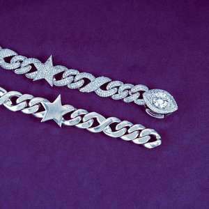 VVS conjunto hecho a mano Micro ajuste Moissanite Diamante tachonado Hip hop Iced Out plata esterlina estrella cadena de eslabones cubanos - Product Image 5