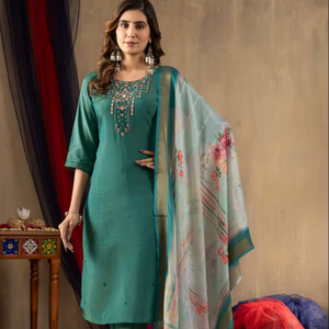 Ensemble Kurta Pantalon Droit de Créateur avec Broderie Traditionnelle Faite Main et Dupatta en Organza Rayé pour Tenue de Fête - Product Image 1