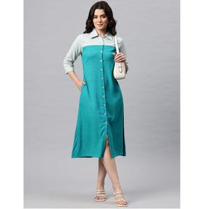Elegante Vestido camisero MIDI de bloque de color para mujer con mangas tres cuartos para el trabajo o el fin de semana disponible a buen precio - Product Image 1