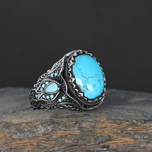 Anillo de Hombre de Plata de Ley 925 de Alta Calidad, Estilo Otomano, Joyería de Moda, Piedra Natural, Ágata Yamen, Hecho en Turquía, Azuris - Product Image 1