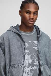 Bas court pour hommes avec capuche deux couleurs délavées fermeture éclair UP épaule tombante veste en jean décontracté beau manches longues - Product Image 2