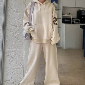 2 uds., sudadera con capucha y pantalones de chándal para mujer, conjunto informal, chándal de Color sólido, traje con forro térmico para Otoño e Invierno - Product Image 1